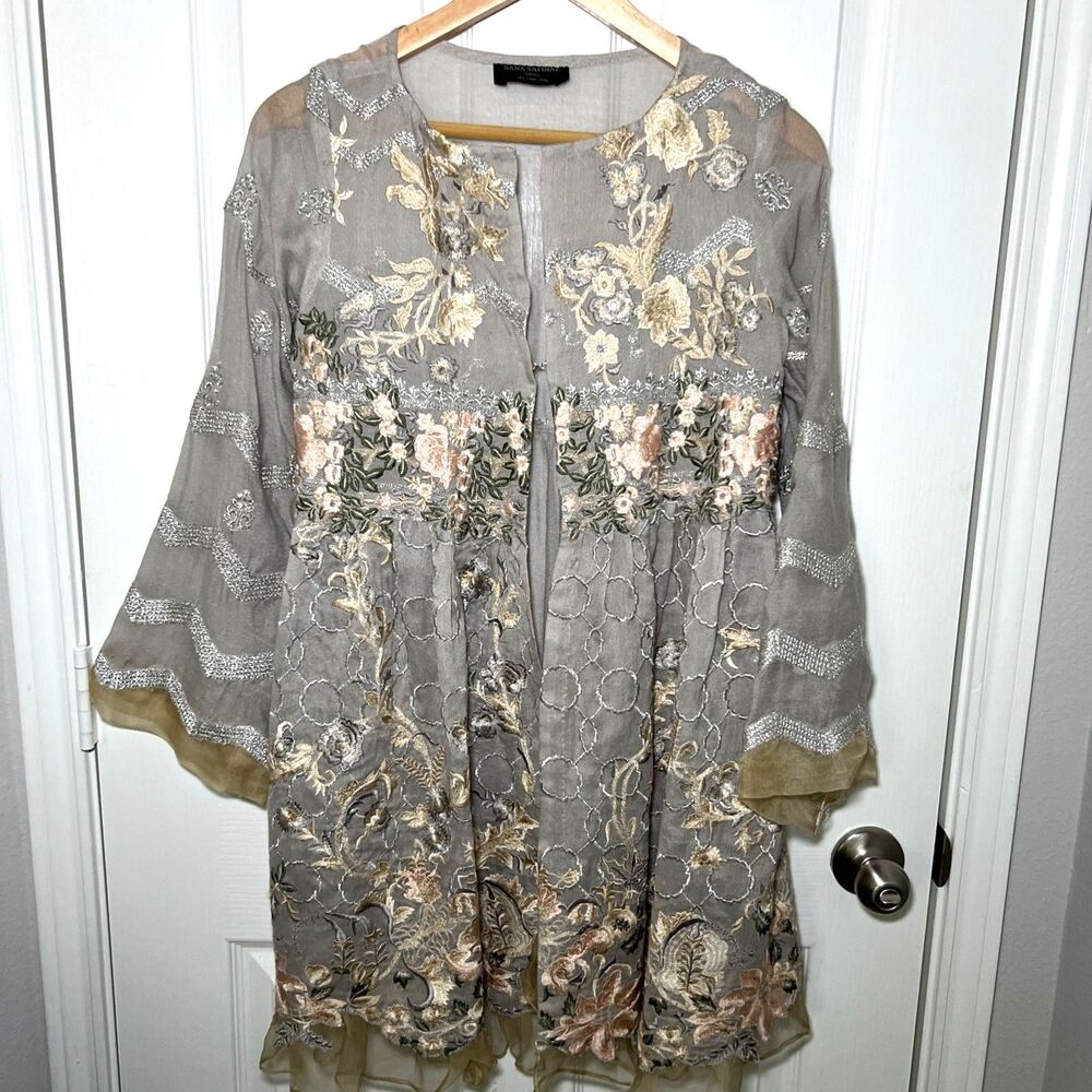 Sana Safinaz Embroidered Open Front Coat Jacket Small Fairycore Ethereal Floral